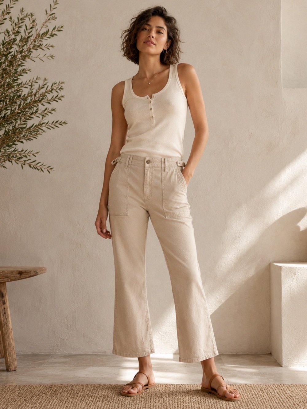 Pilcro Anthropologie Utility Pants 31 Beige Cropped Stretch Patch Pocket